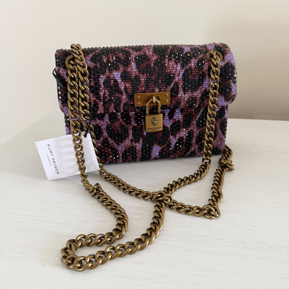Kurt Geiger Purple Leopard Crystal Satin Brixton Bag - Picture 14 of 14
